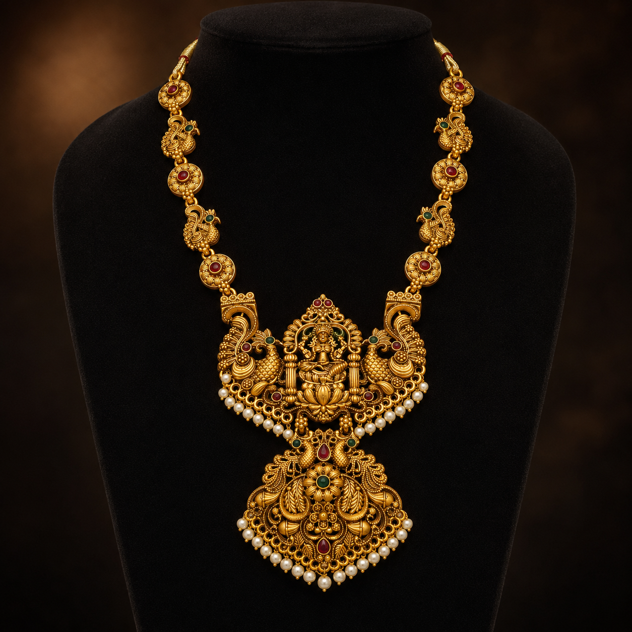 Lakshmi Peacock Temple Necklace with Pearl Drops – Antique Gold Tone
