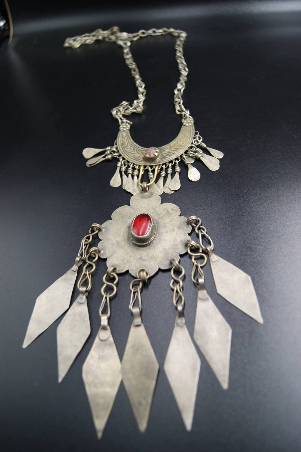 Vintage-Inspired Tribal Statement Necklace with Crimson Accents