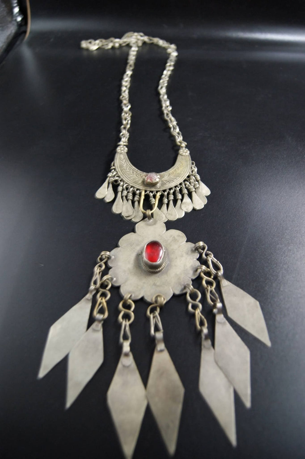 Vintage-Inspired Tribal Statement Necklace with Crimson Accents