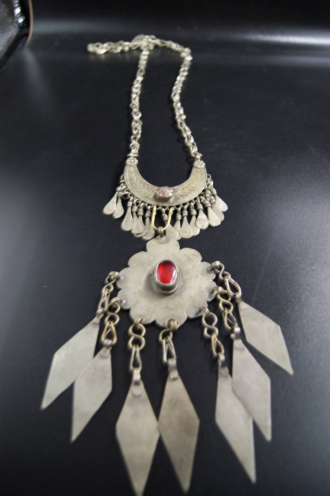 Vintage-Inspired Tribal Statement Necklace with Crimson Accents