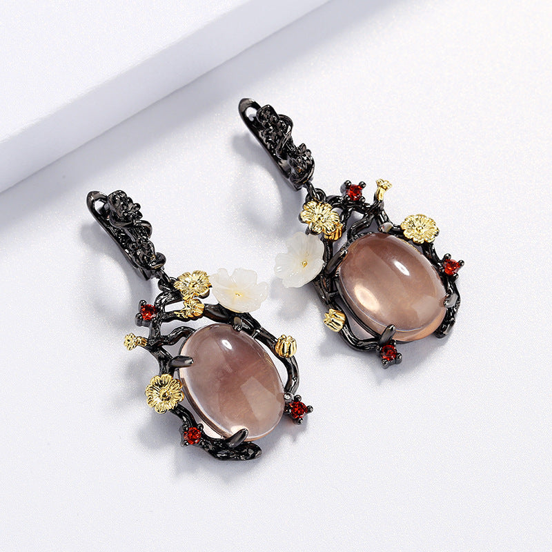 Pink Stone Floral Statement Earrings: Black & Gold