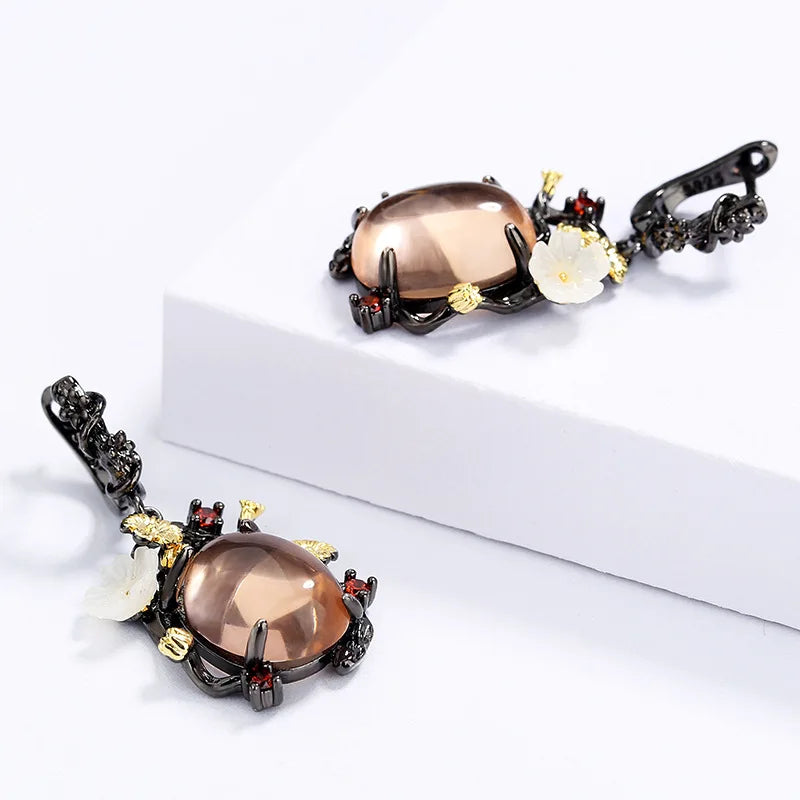 Pink Stone Floral Statement Earrings: Black & Gold
