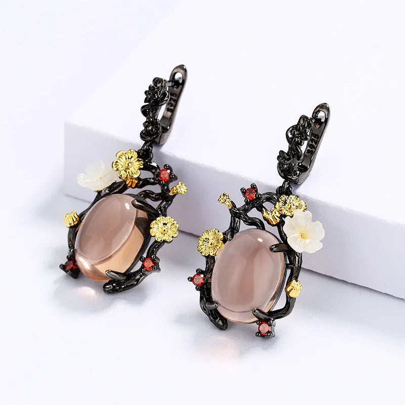 Pink Stone Floral Statement Earrings: Black & Gold