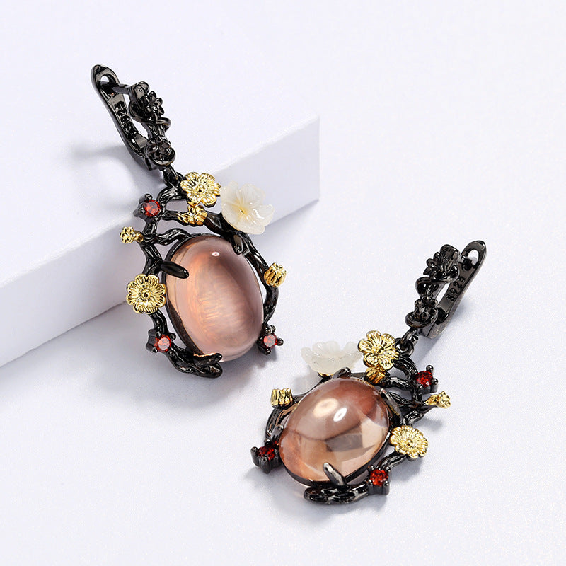 Pink Stone Floral Statement Earrings: Black & Gold