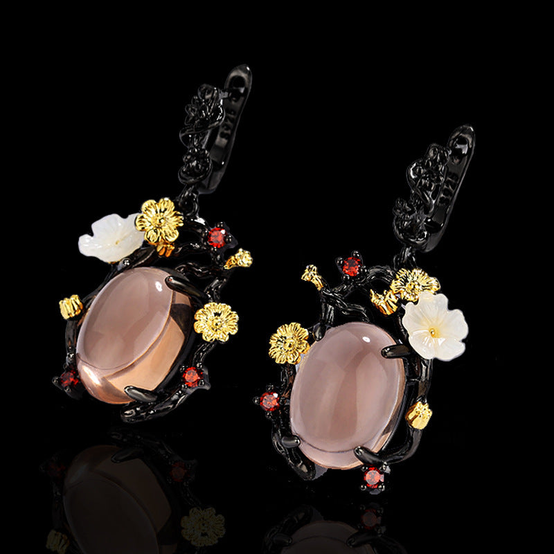 Pink Stone Floral Statement Earrings: Black & Gold