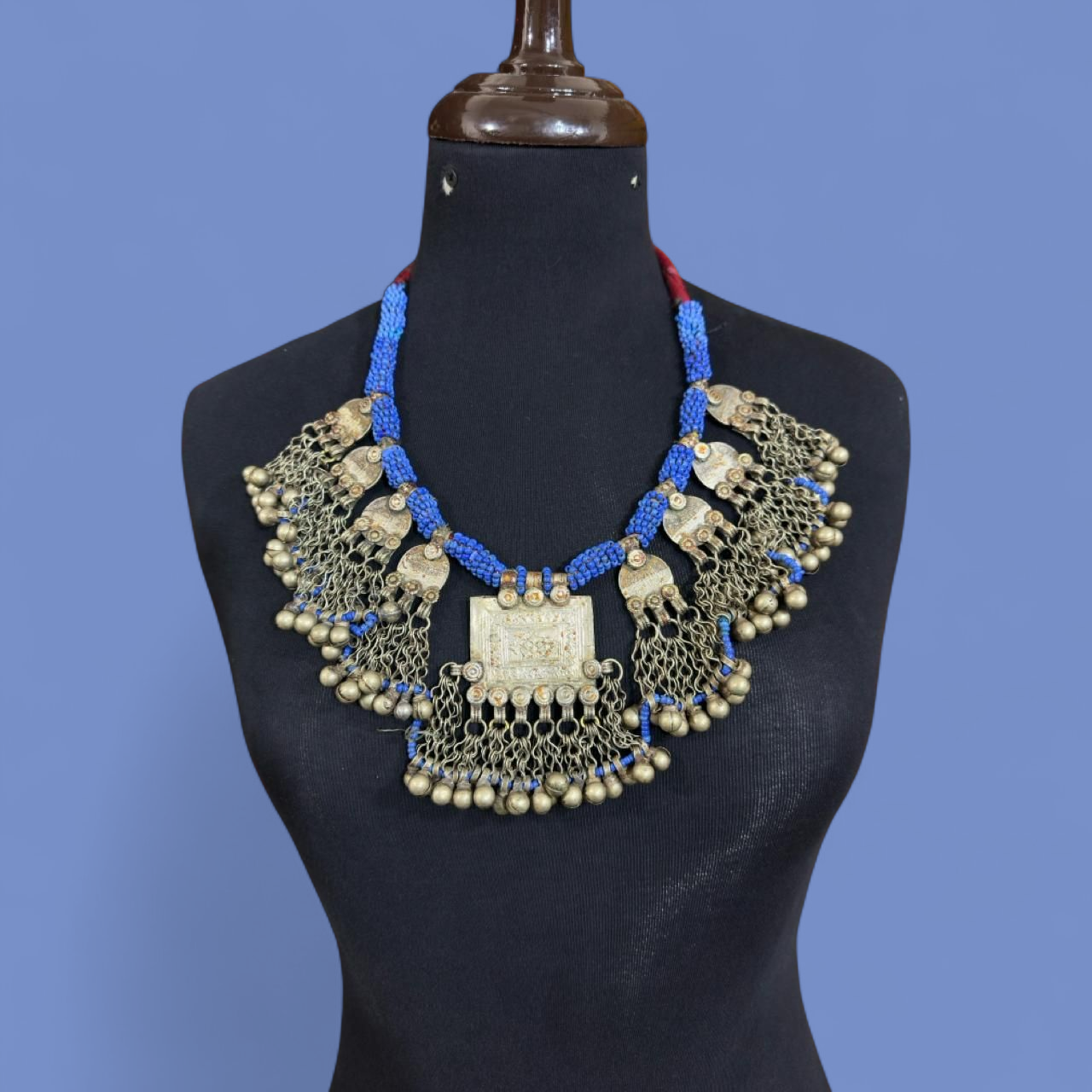 Vintage Kuchi Tribal Bib Necklace – Handcrafted Coin & Bell Statement Piece