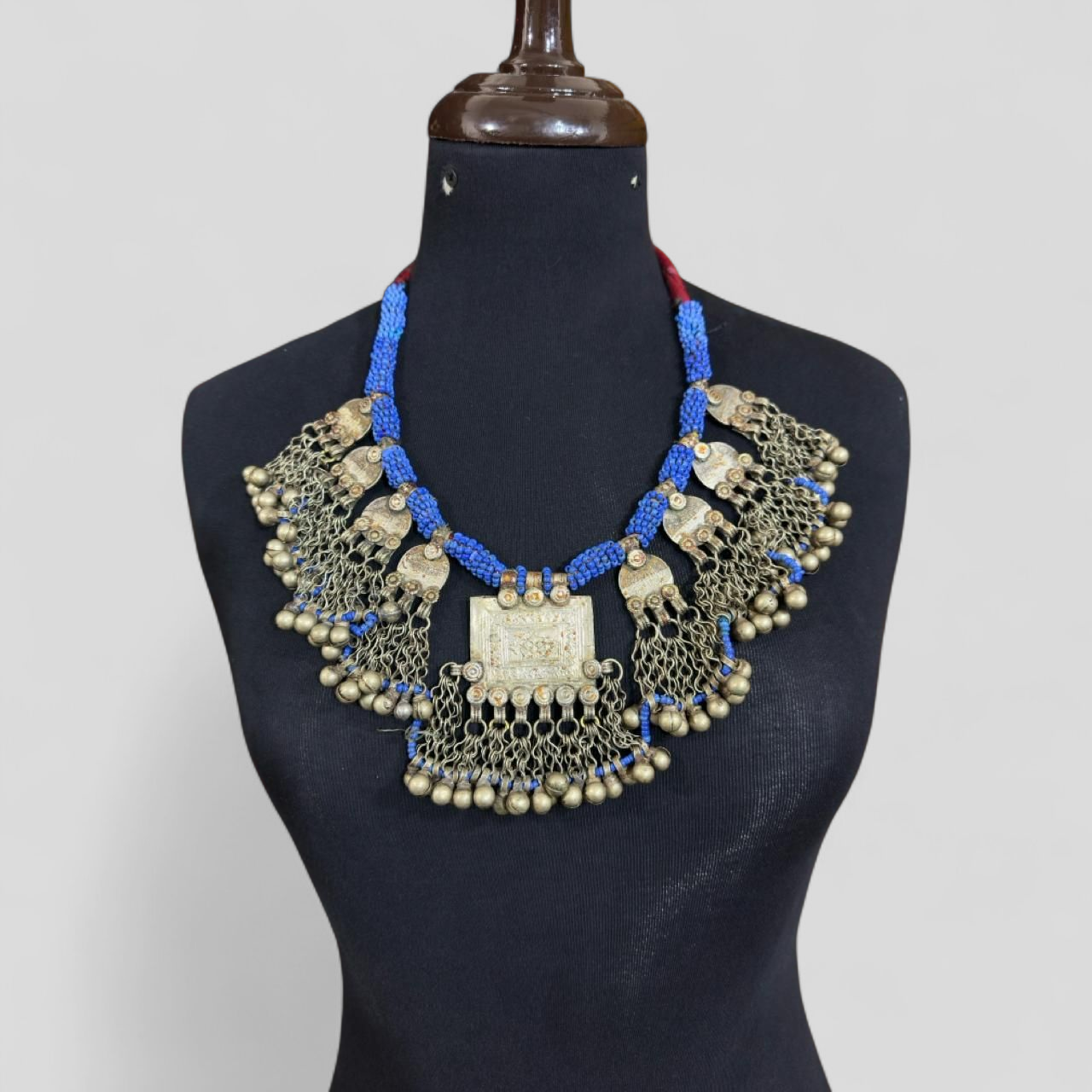 Vintage Kuchi Tribal Bib Necklace – Handcrafted Coin & Bell Statement Piece