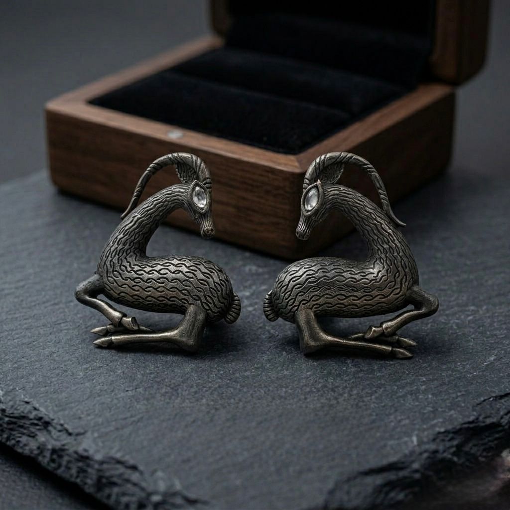 Vintage Scythian-Style Ibex Statement Earrings in Antique Bronze Finish