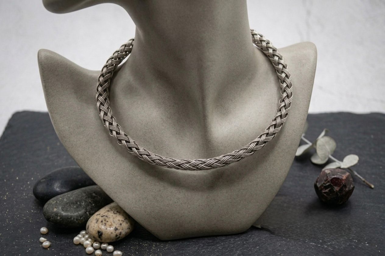 Silver torque necklace, Braided metal collar, Viking neck ring, Woven wire choker, Celtic torque, Handcrafted statement necklace, Wire woven torque, Silver collar necklace.