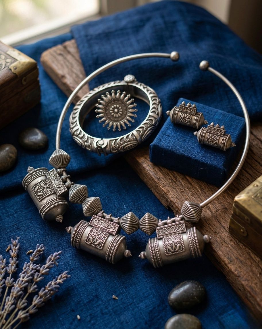 Handcrafted Tribal Oxidized Silver Jewelry Set | Antique Hasli Choker Necklace, Kada Bracelet, Ring & Tabeez Earrings | Traditional Indian Boho Jewelry