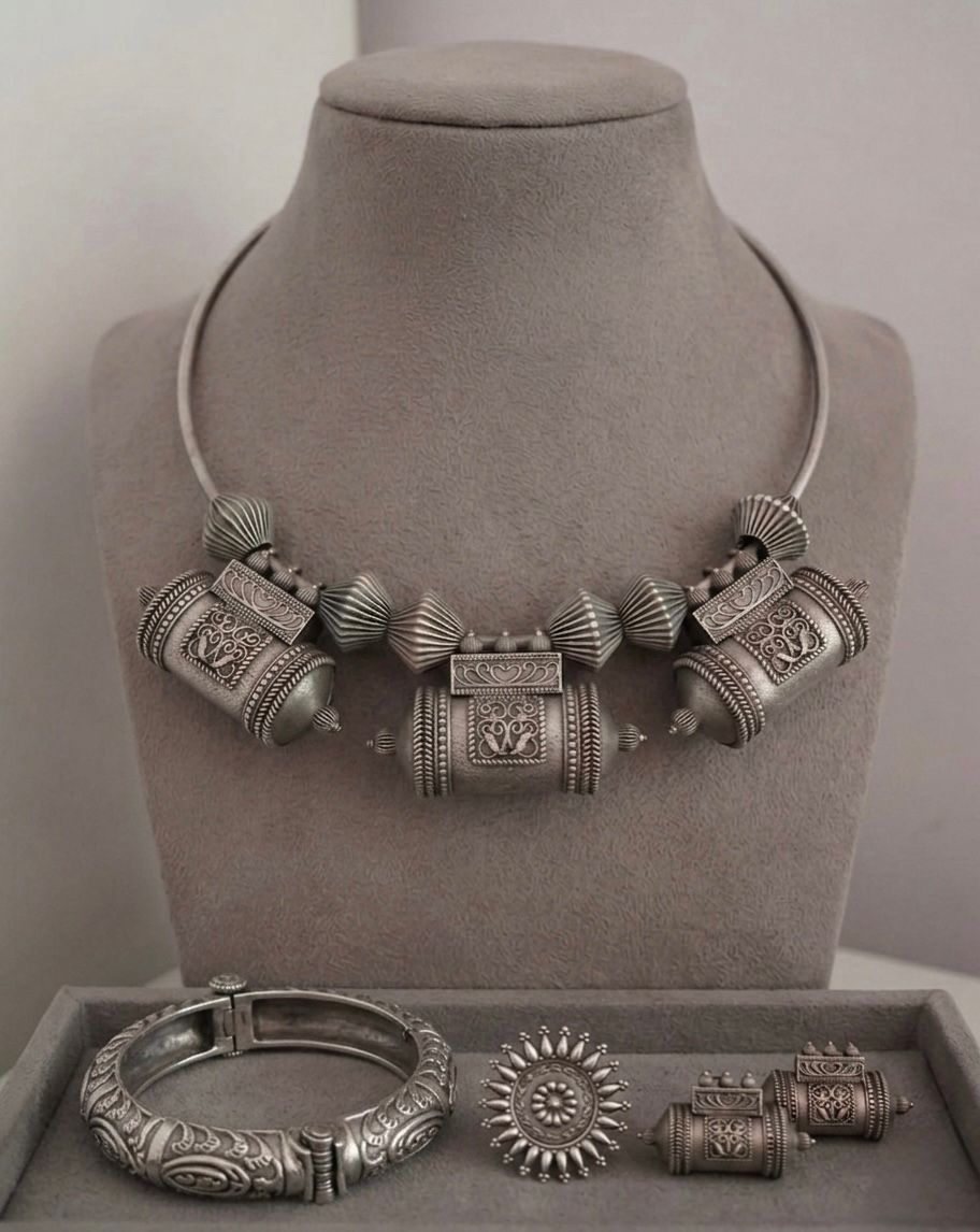 Handcrafted Tribal Oxidized Silver Jewelry Set | Antique Hasli Choker Necklace, Kada Bracelet, Ring & Tabeez Earrings | Traditional Indian Boho Jewelry