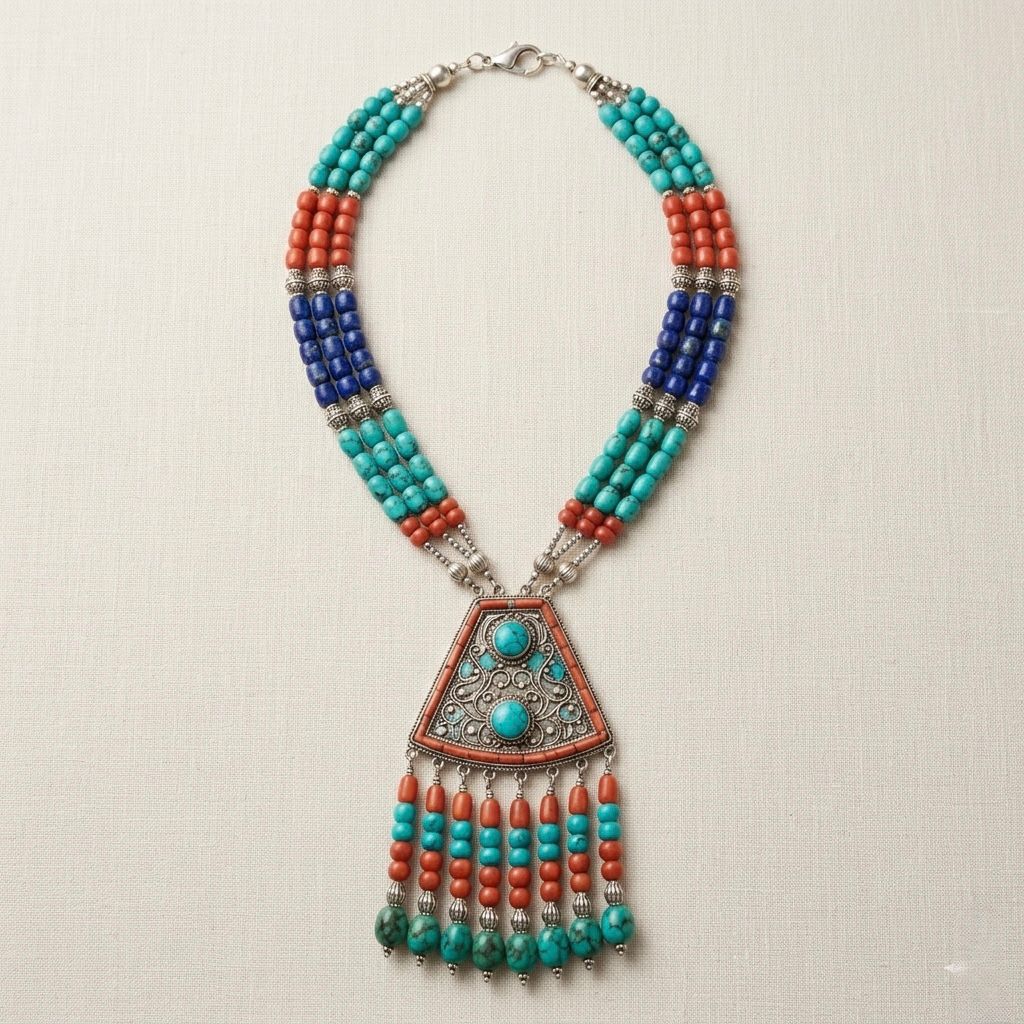 Vintage-Inspired Southwestern Multi-Strand Turquoise & Coral Statement Necklace