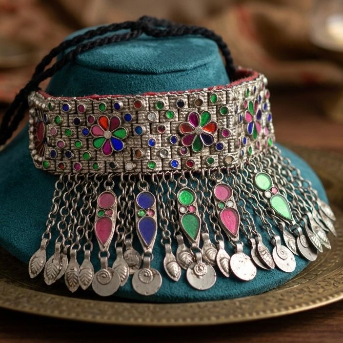 Vintage Tribal Silver Choker Necklace with Multi-Color Glass Inlay and Coin Fringe