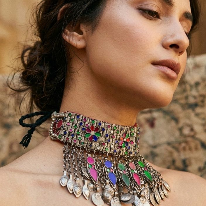 Vintage Tribal Silver Choker Necklace with Multi-Color Glass Inlay and Coin Fringe