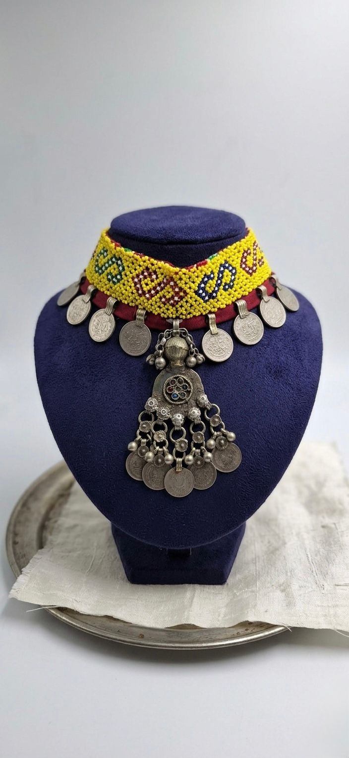 Vintage Tribal Seed Bead Choker Necklace with Hanging Silver Coins & Large Central Pendant