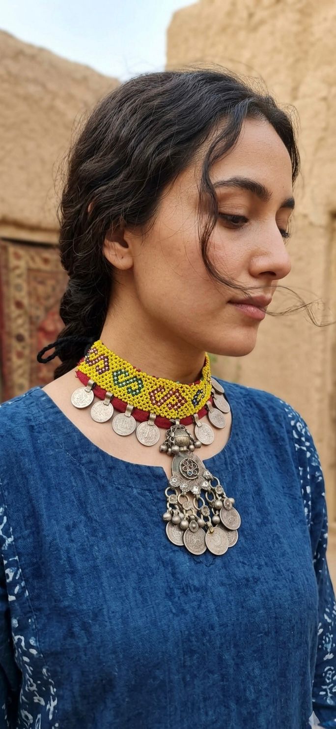 Vintage Tribal Seed Bead Choker Necklace with Hanging Silver Coins & Large Central Pendant