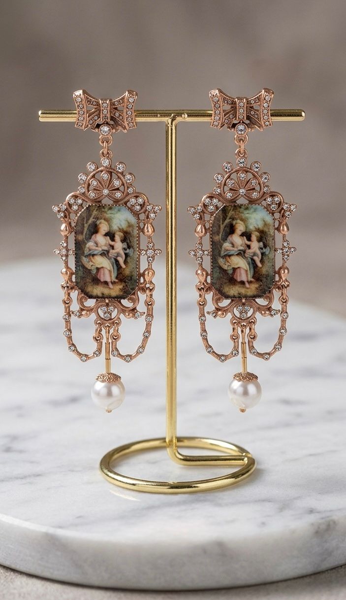 Vintage Style Miniature Painting Earrings, Rococo Enamel Portrait Chandelier Earrings, Rose Gold Bow Pearl Dangle Earrings, Victorian Jewelry