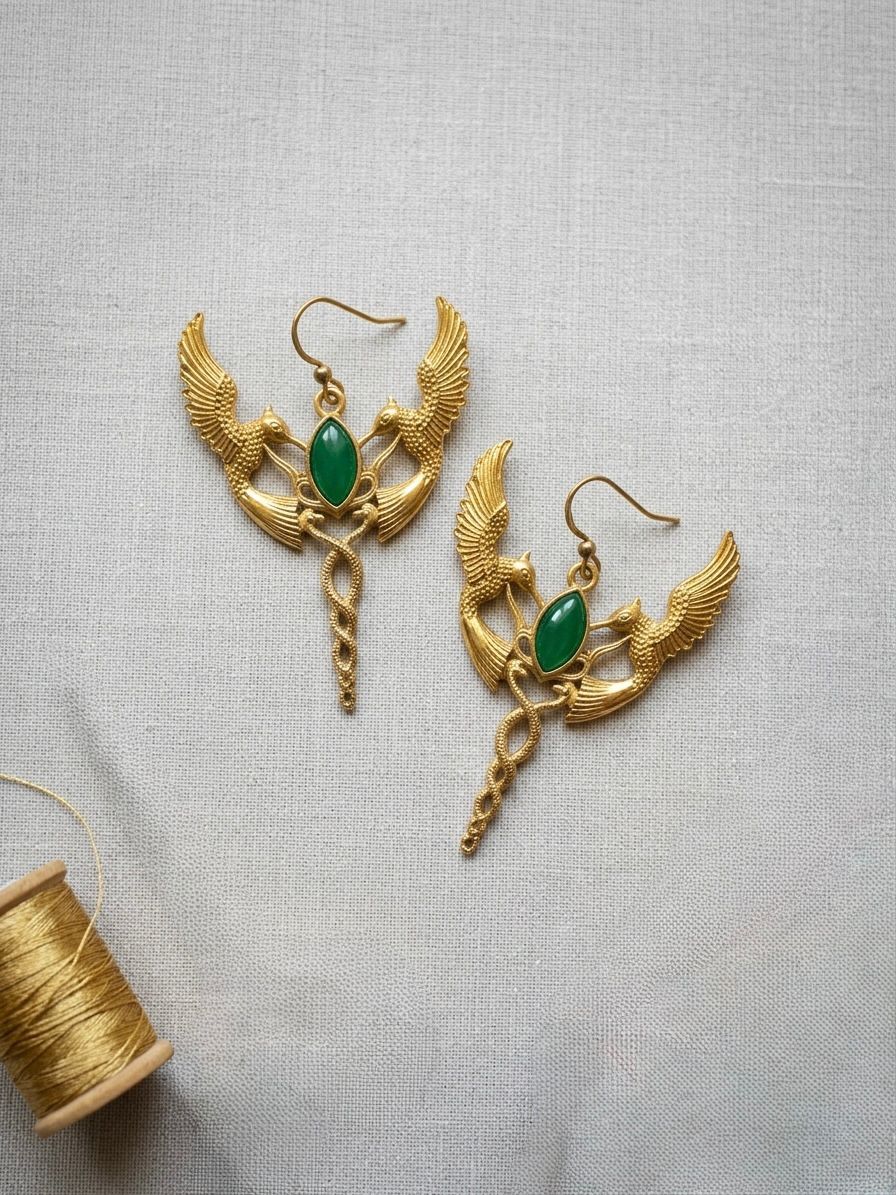 Vintage Gold Caduceus Bird Earrings with Green Jade | Mythological Statement Jewelry