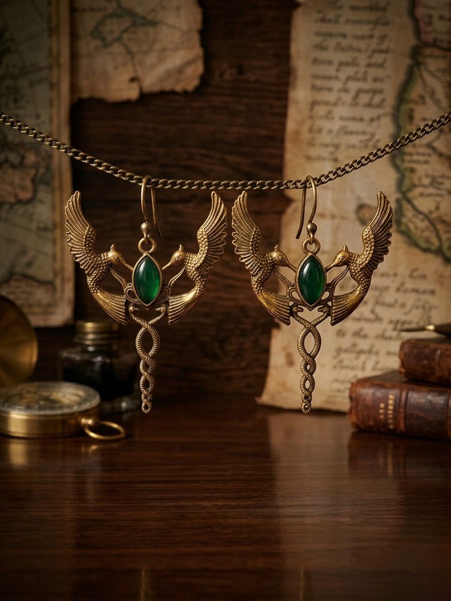 Vintage Gold Caduceus Bird Earrings with Green Jade | Mythological Statement Jewelry