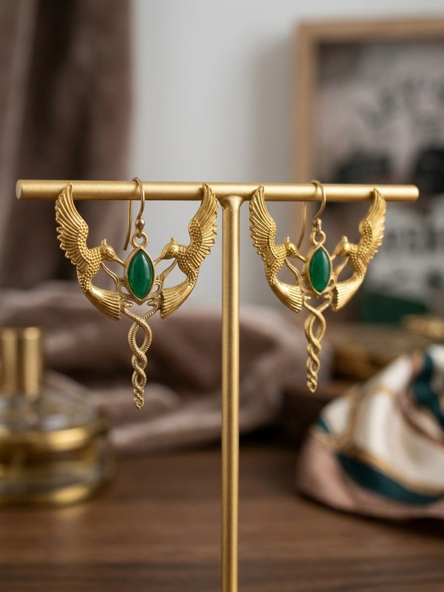 Vintage Gold Caduceus Bird Earrings with Green Jade | Mythological Statement Jewelry