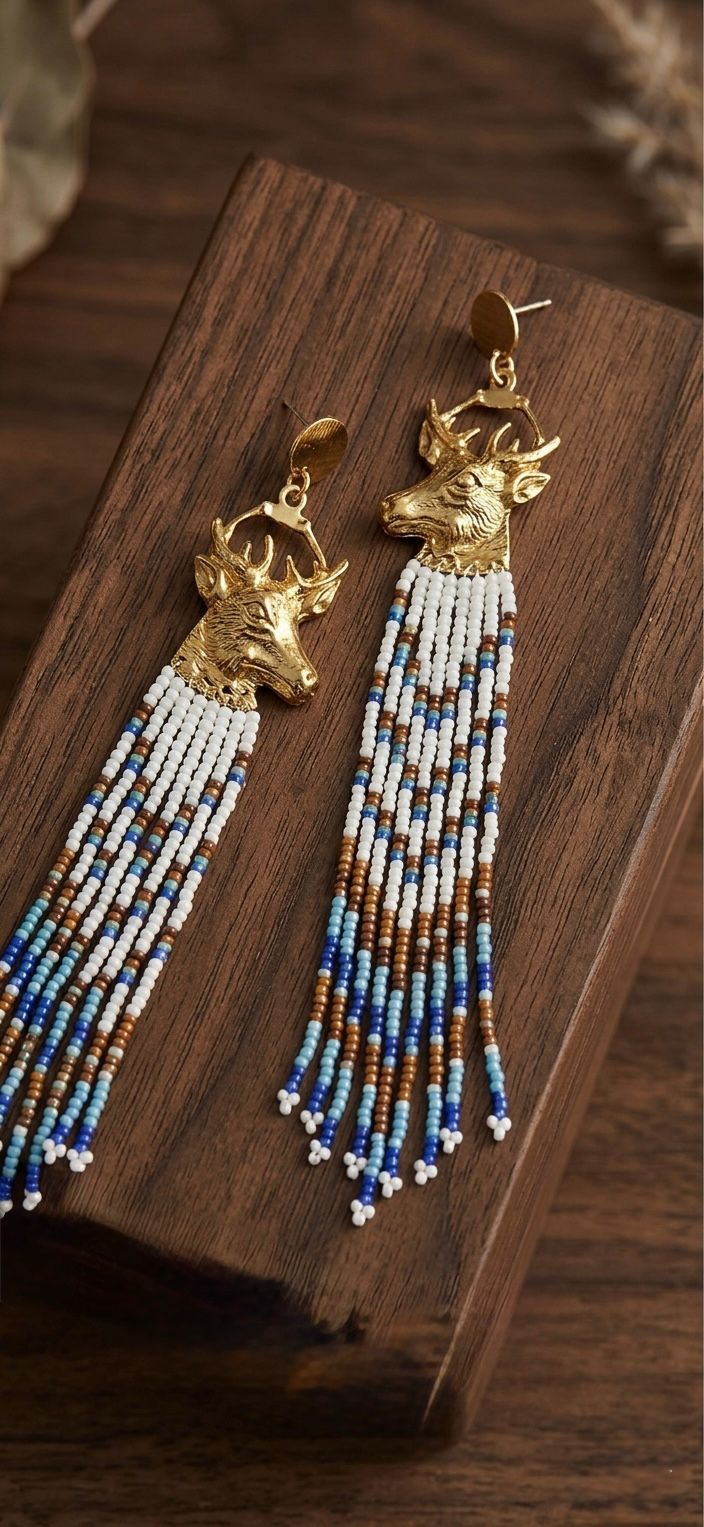 Gold Stag Seed Bead Fringe Earrings - Bohemian Deer Head Dangle Earrings - Native Style Western Statement Jewelry
