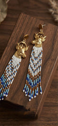 Gold Stag Seed Bead Fringe Earrings - Bohemian Deer Head Dangle Earrings - Native Style Western Statement Jewelry