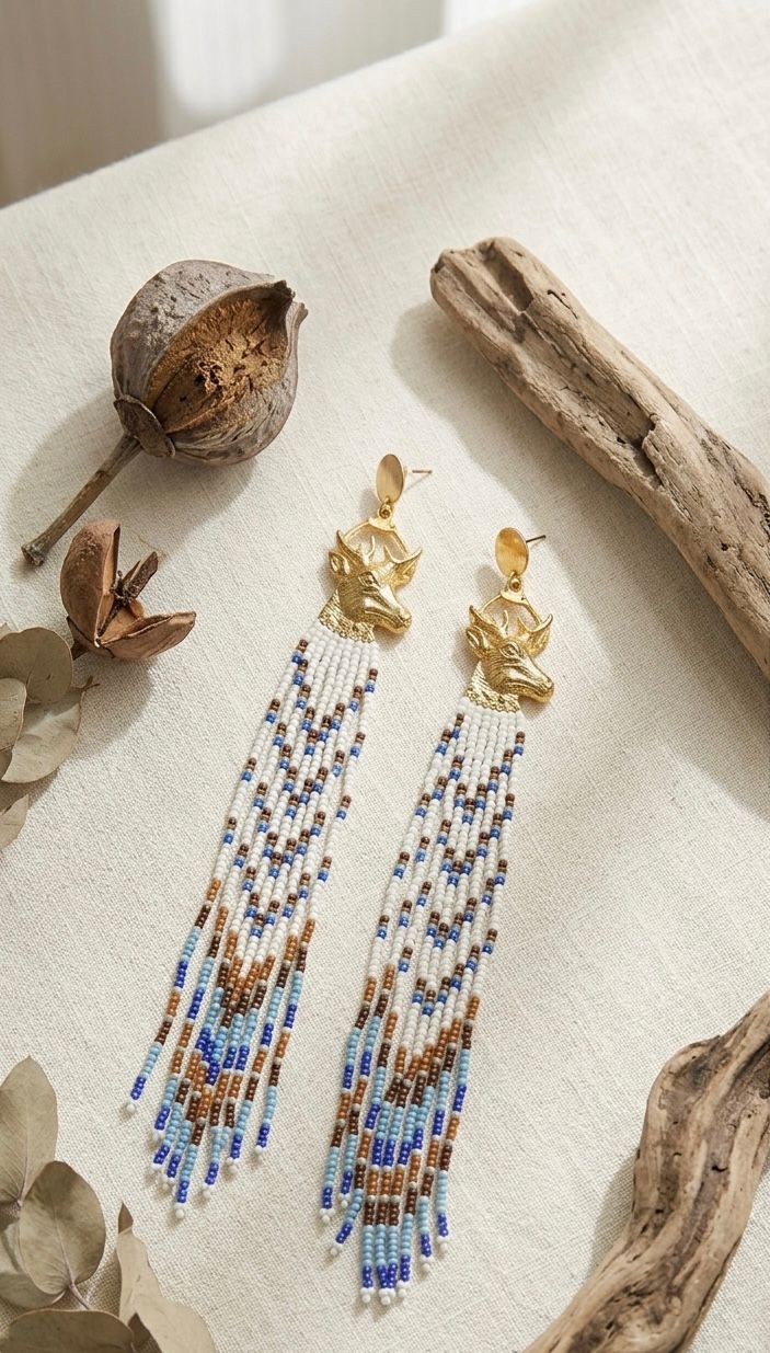 Gold Stag Seed Bead Fringe Earrings - Bohemian Deer Head Dangle Earrings - Native Style Western Statement Jewelry