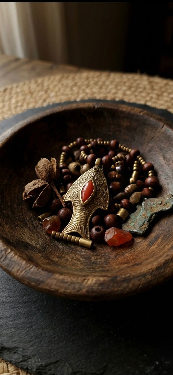 Antique Brass Boho Fish Necklace, Tribal Style Brass Bead Choker, Red Coral Accent