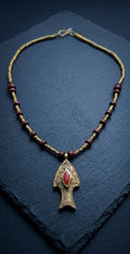 Antique Brass Boho Fish Necklace, Tribal Style Brass Bead Choker, Red Coral Accent