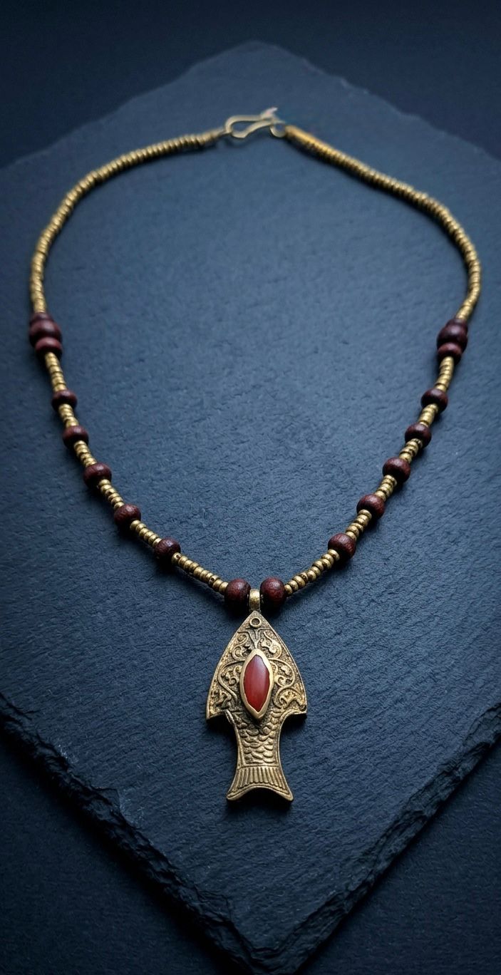 Antique Brass Boho Fish Necklace, Tribal Style Brass Bead Choker, Red Coral Accent