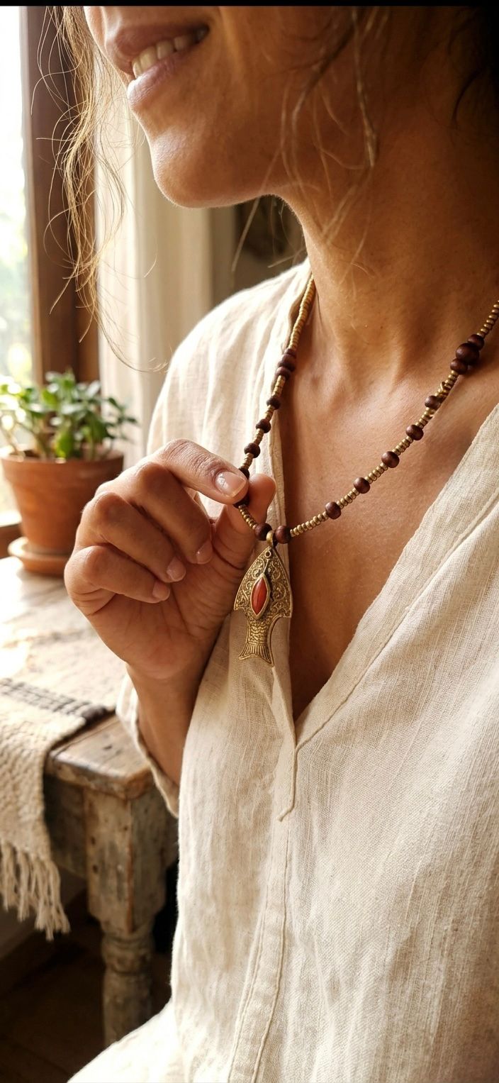 Antique Brass Boho Fish Necklace, Tribal Style Brass Bead Choker, Red Coral Accent