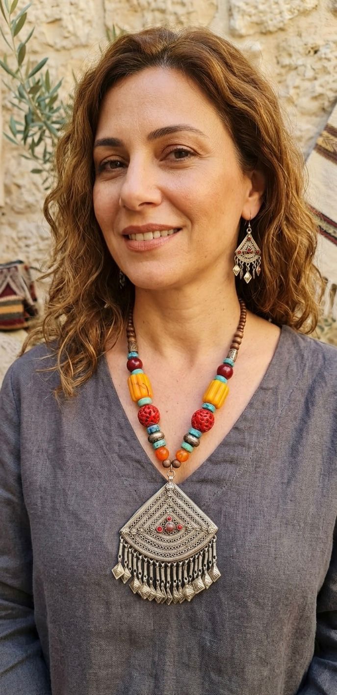 Handmade Ethnic Statement Necklace with Large Silver Pendant and Chunky Colorful Beads