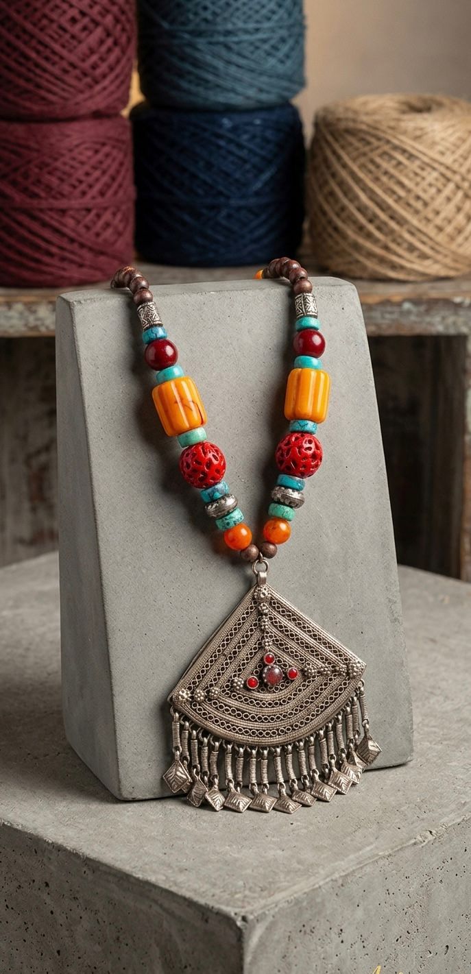 Handmade Ethnic Statement Necklace with Large Silver Pendant and Chunky Colorful Beads