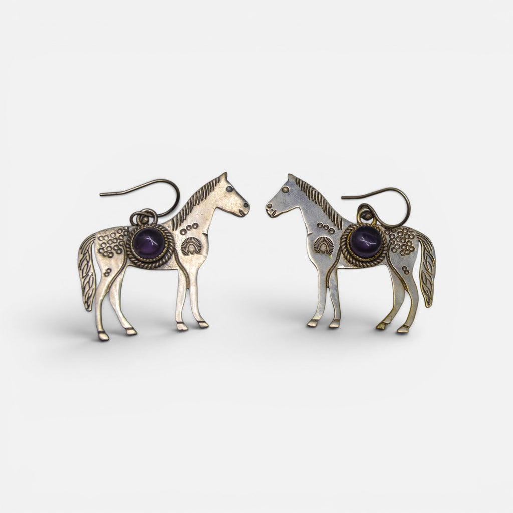Vintage-Style Silver Horse Drop Earrings with Purple Gemstones