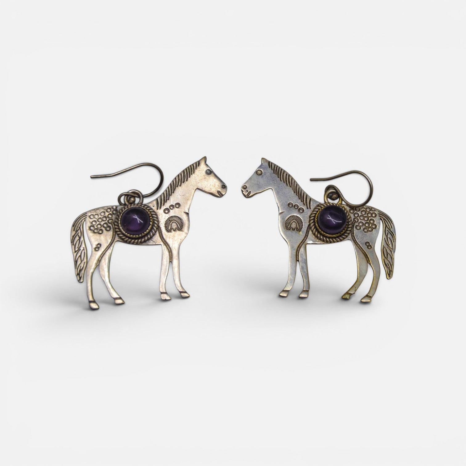 Vintage-Style Silver Horse Drop Earrings with Purple Gemstones