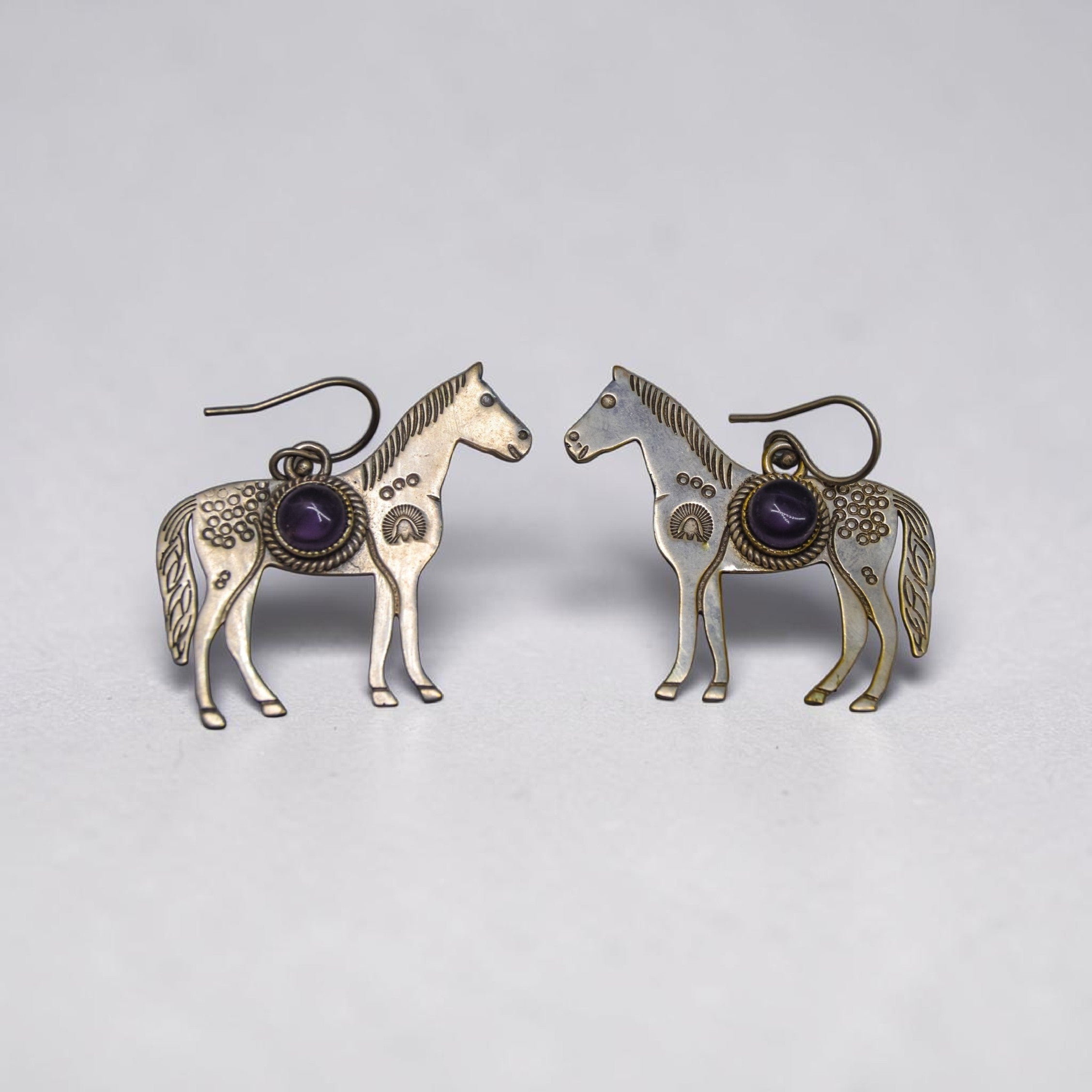 Vintage-Style Silver Horse Drop Earrings with Purple Gemstones