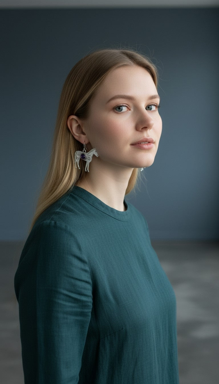 Vintage-Style Silver Horse Drop Earrings with Purple Gemstones
