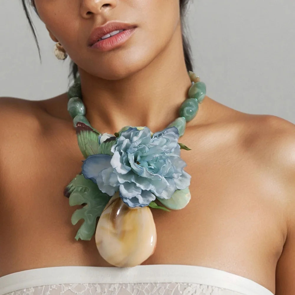 Handmade Boho Beaded Flower Statement Necklace
