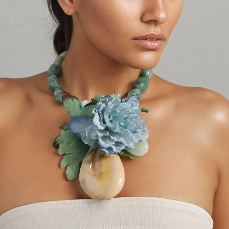 Handmade Boho Beaded Flower Statement Necklace