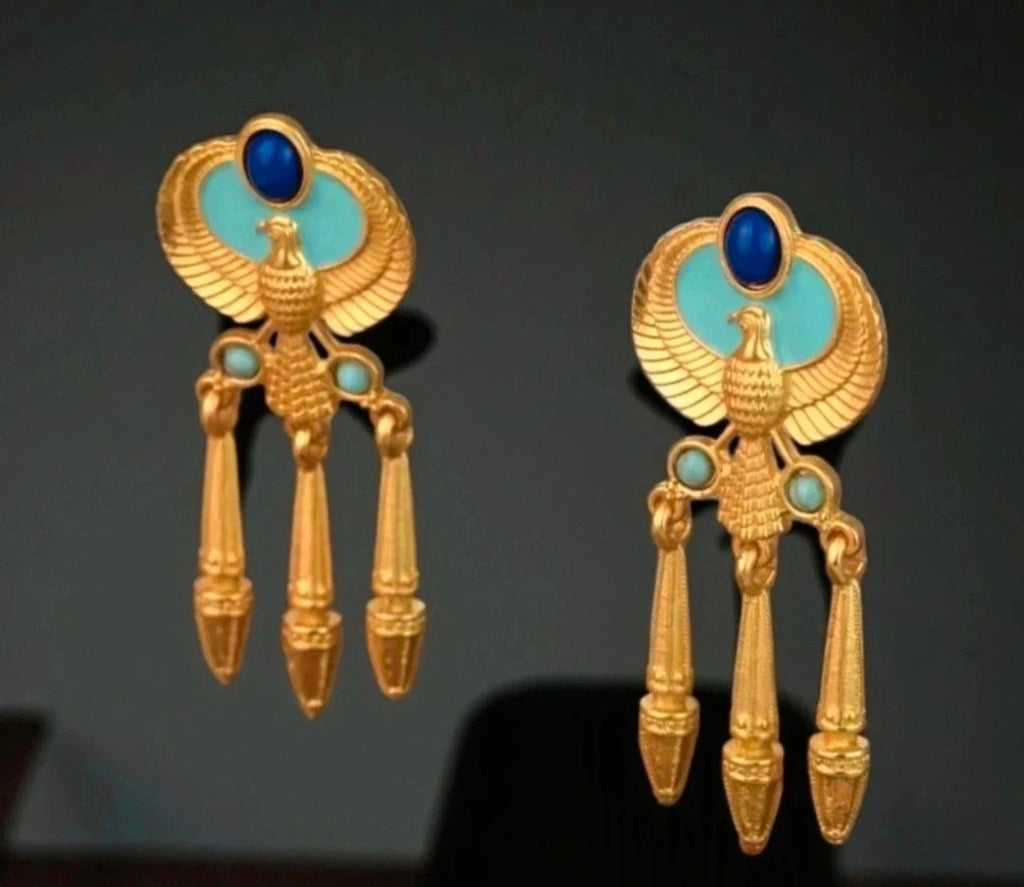 Egyptian Revival Horus Falcon Statement Earrings | Gold-Tone with Turquoise & Lapis Accents