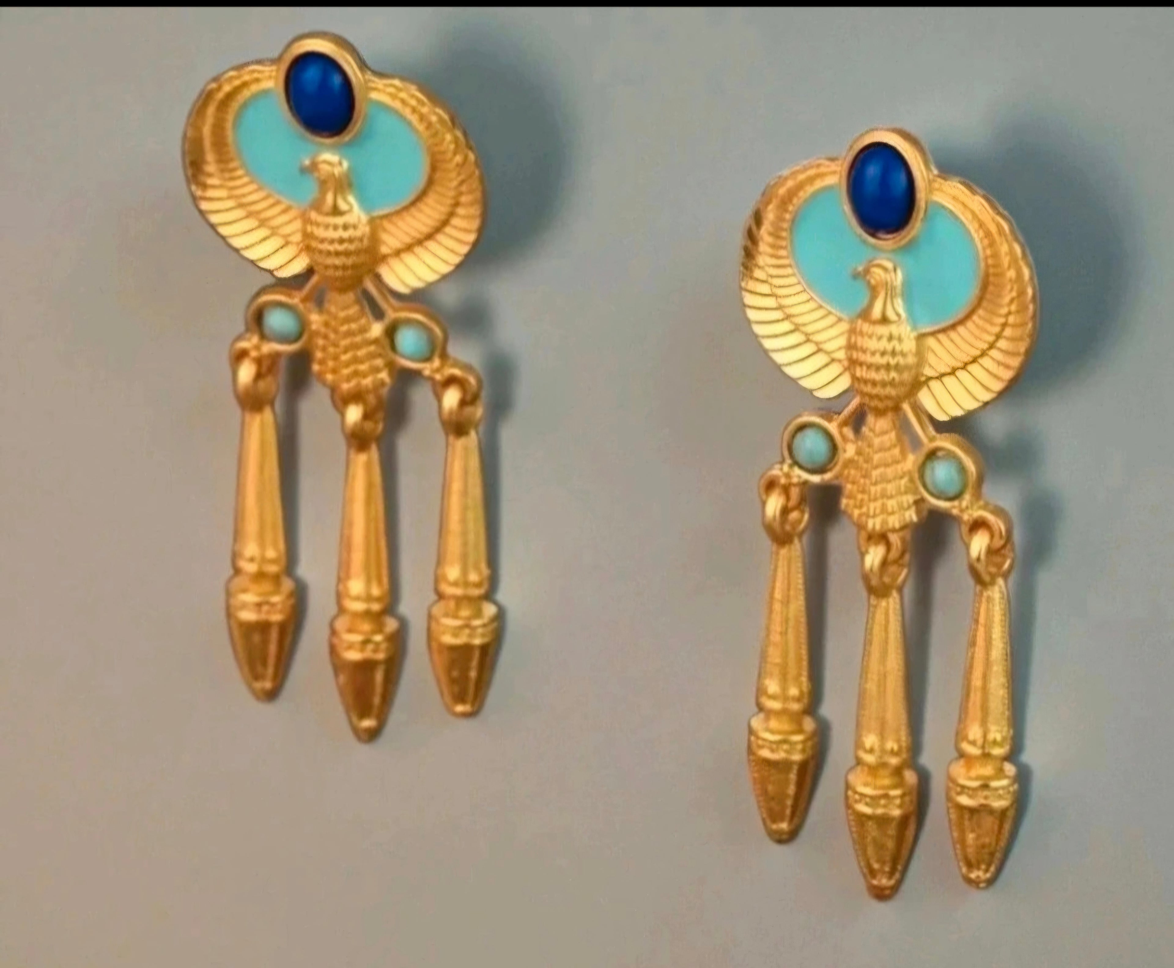 Egyptian Revival Horus Falcon Statement Earrings | Gold-Tone with Turquoise & Lapis Accents