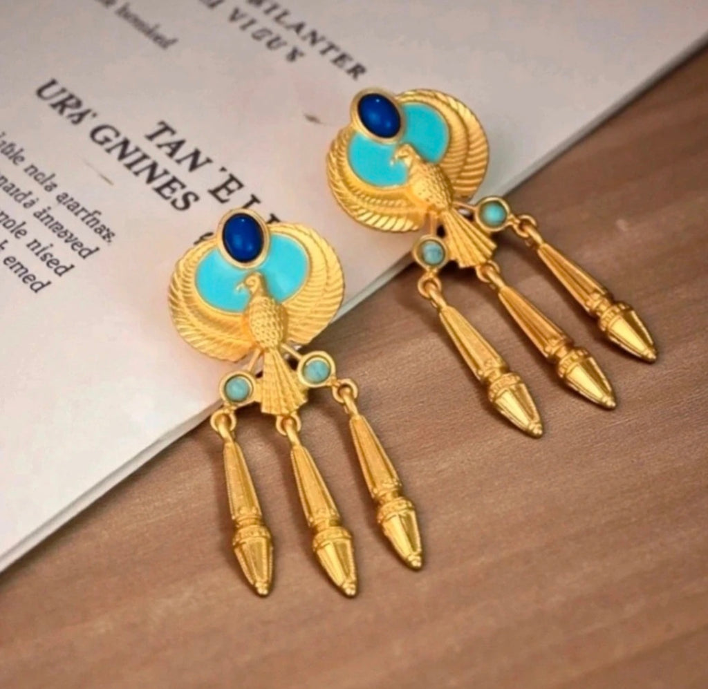 Egyptian Revival Horus Falcon Statement Earrings | Gold-Tone with Turquoise & Lapis Accents