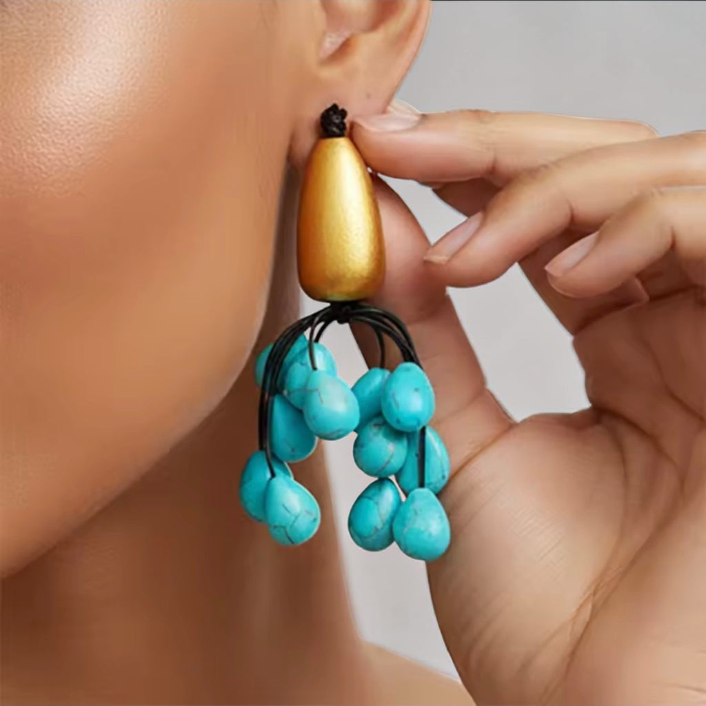 Bohemian Gold & Turquoise Grape Cluster Statement Earrings