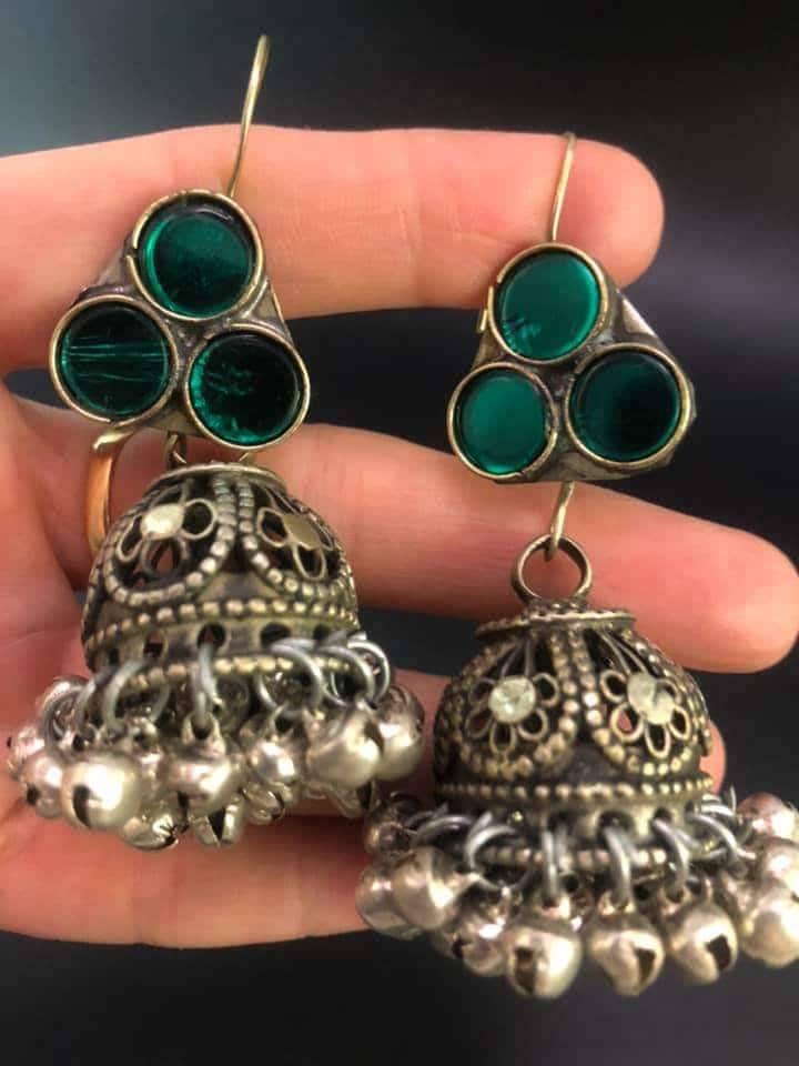 Afghan Jhumki Dangle Earrings: Kuchi Style, Green Stone, Ghongro Dangles
