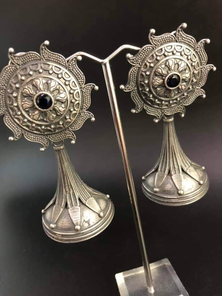 Oxidized Silver Plated Dangle Earrings: Floral Boho Jewelry