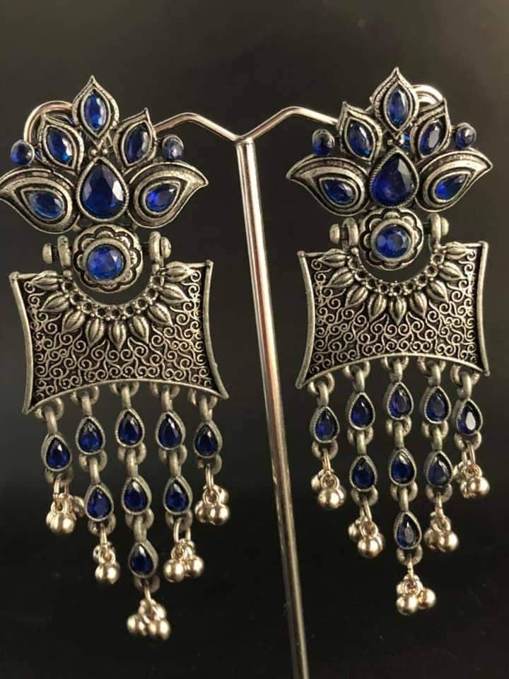 Vintage Silver Dangle Earrings: Bohemia Beaded Tassel, Cobalt Crystals