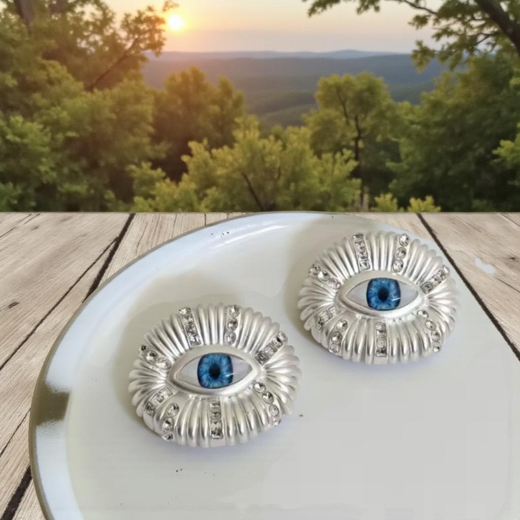 Large Silver Surrealist Evil Eye Statement Earrings, 3D Blue Iris Eye Jewelry, Bold Avant-Garde Ribbed Studs, Unique Gift for Her, Maximalis