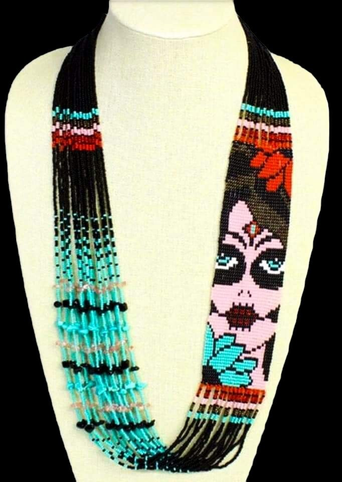 Sugar Skull Seed Bead Necklace: Huichol Day of the Dead Art