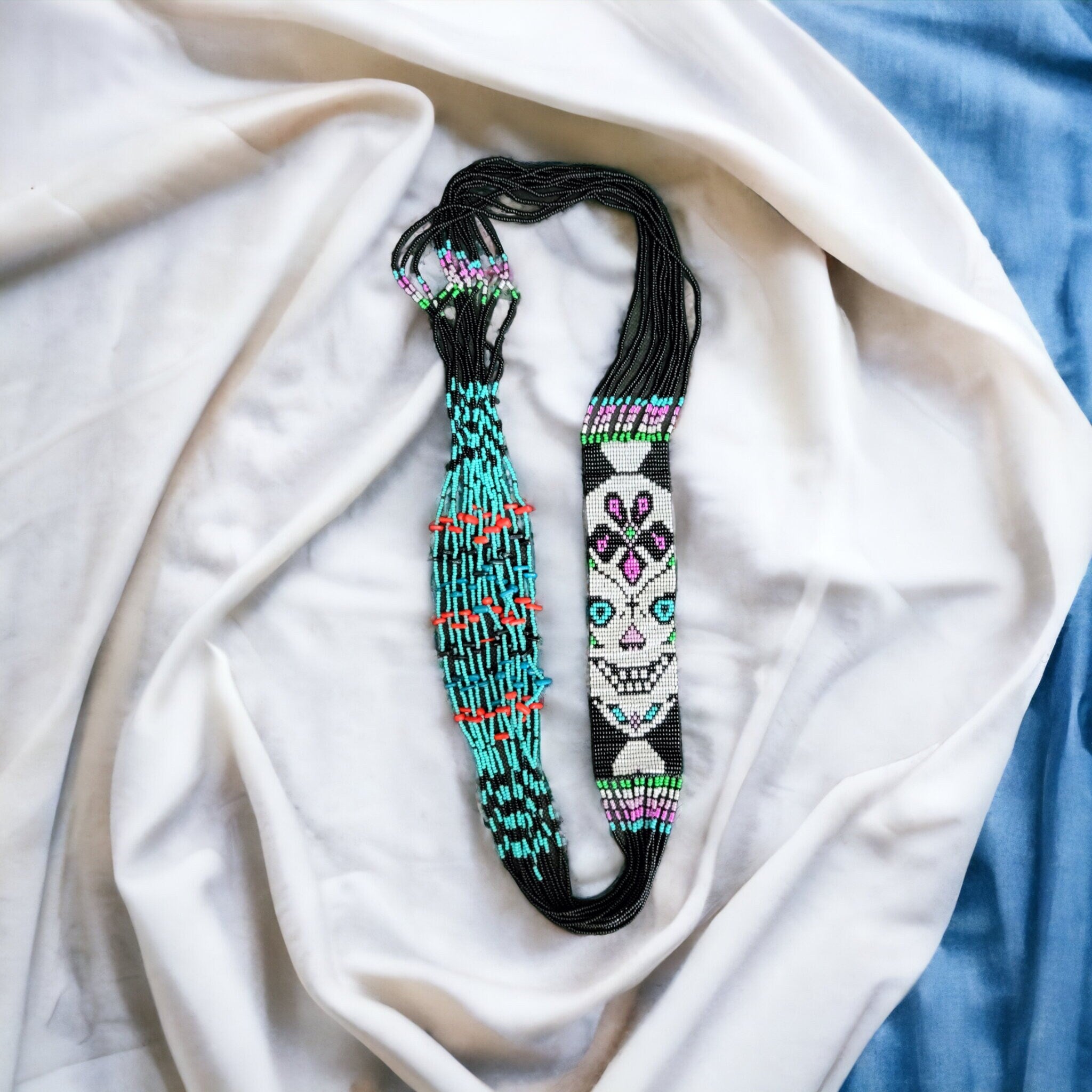 Handmade Seed Bead Sugar Skull Necklace with Earrings