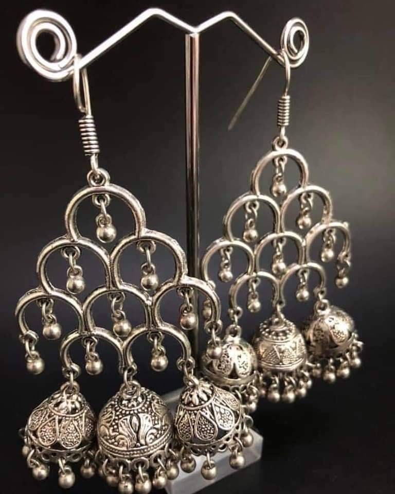 Oxidized Silver Plated Jhumka Earrings: Bollywood Style Drop Earrings